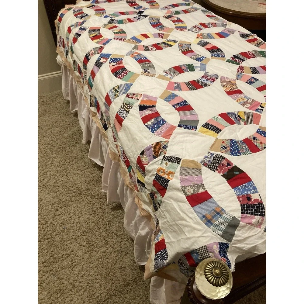 Vintage Handmade Double Wedding Quilt Topper Unfinished Patchwork 60